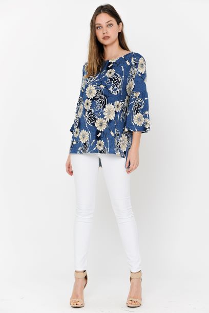 Blue Print Blouse Bell Sleeves Side Spilt